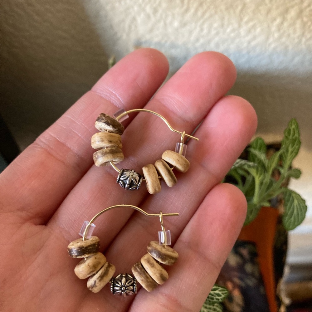 Coconut and Floral Silver Toned Bead Hoop Earrings